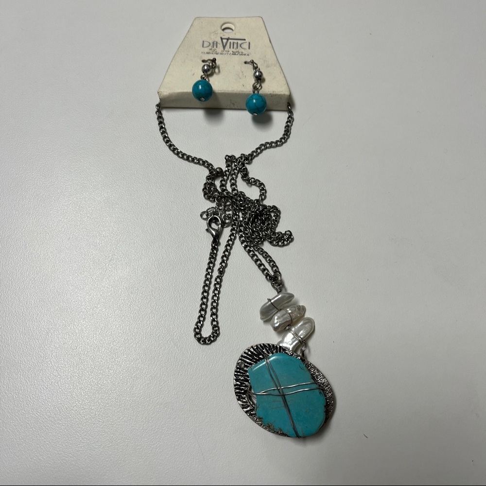 Da Vinci Silver-tone Blue Turquoise Color Necklace And Earring Set